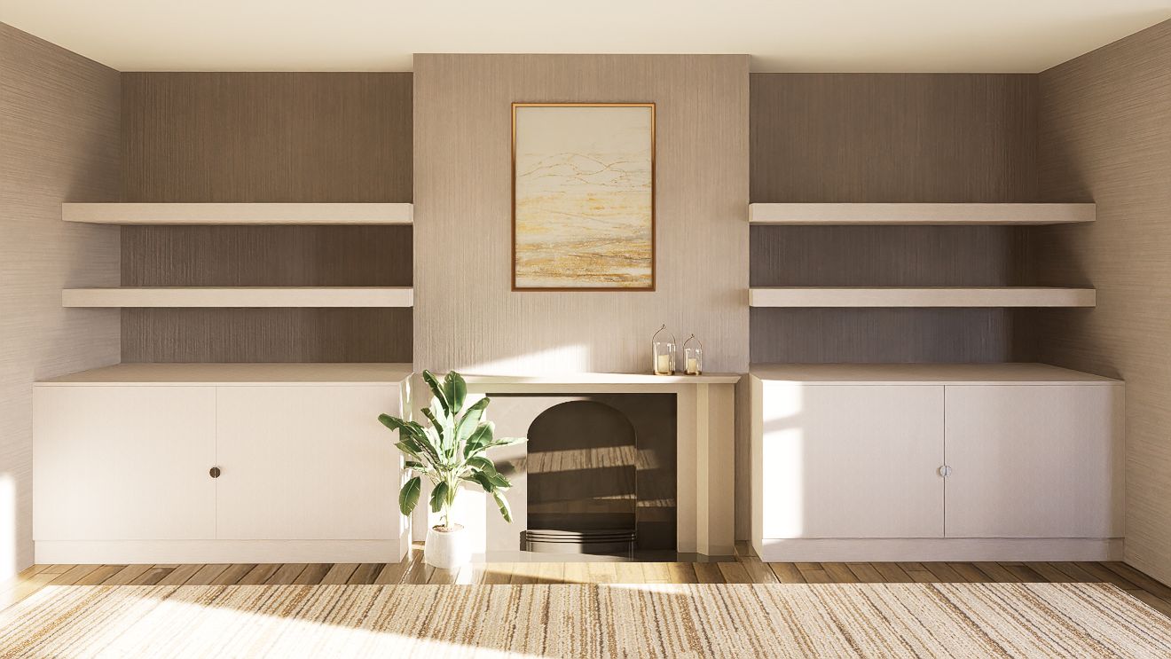 living room cad design with storage and plant